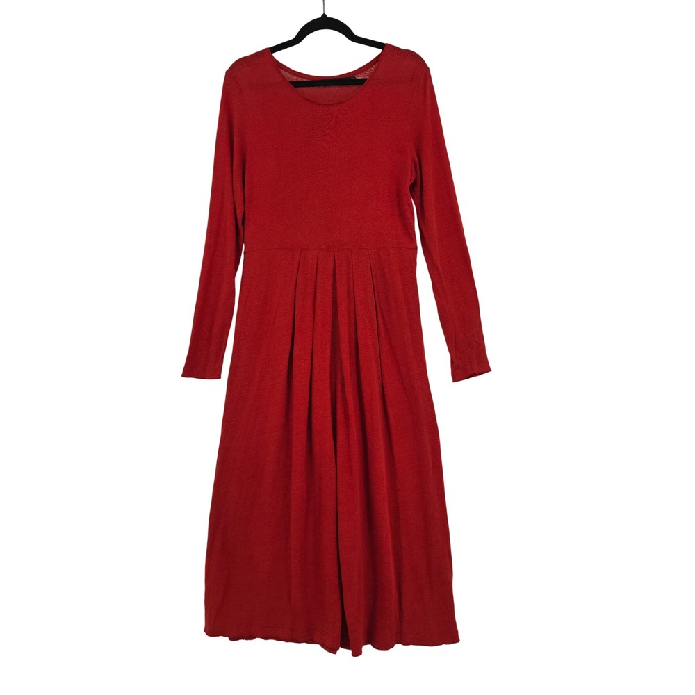 Gudrun Sjoden Red 100% Linen Knit Pleated Waist Midi Dress Long Sleeve Medium